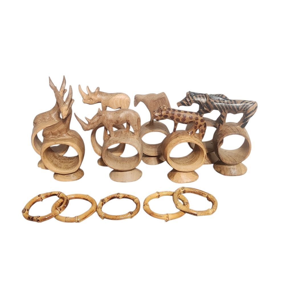 Hand Carved Napkin Rings Wood Made in Kenya African Animals Safari Set of 8